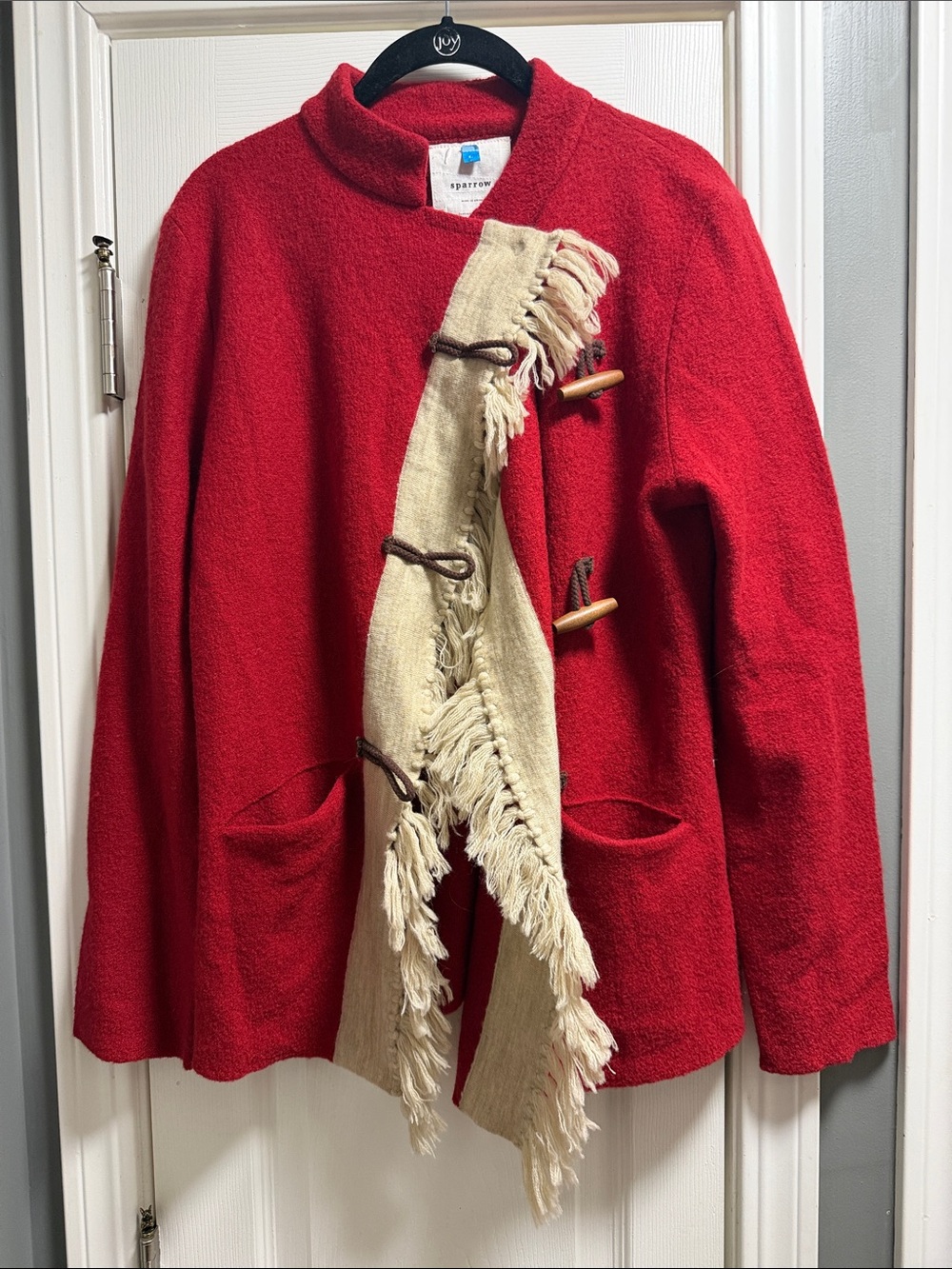 sparrow Red Wool Jacket with Cream Shawl Detail